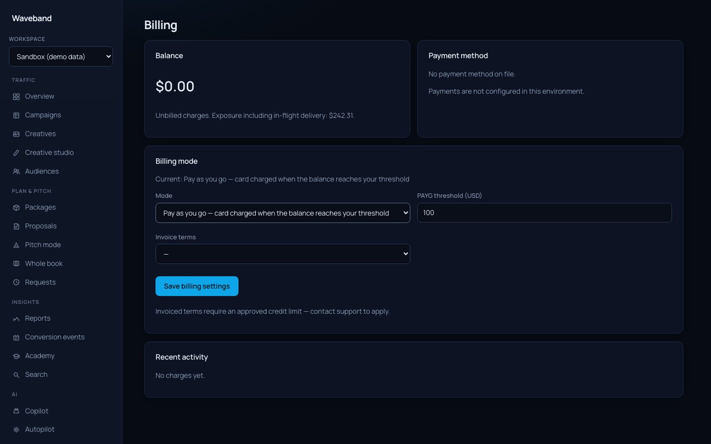 Billing page with balance, ledger, and payment method