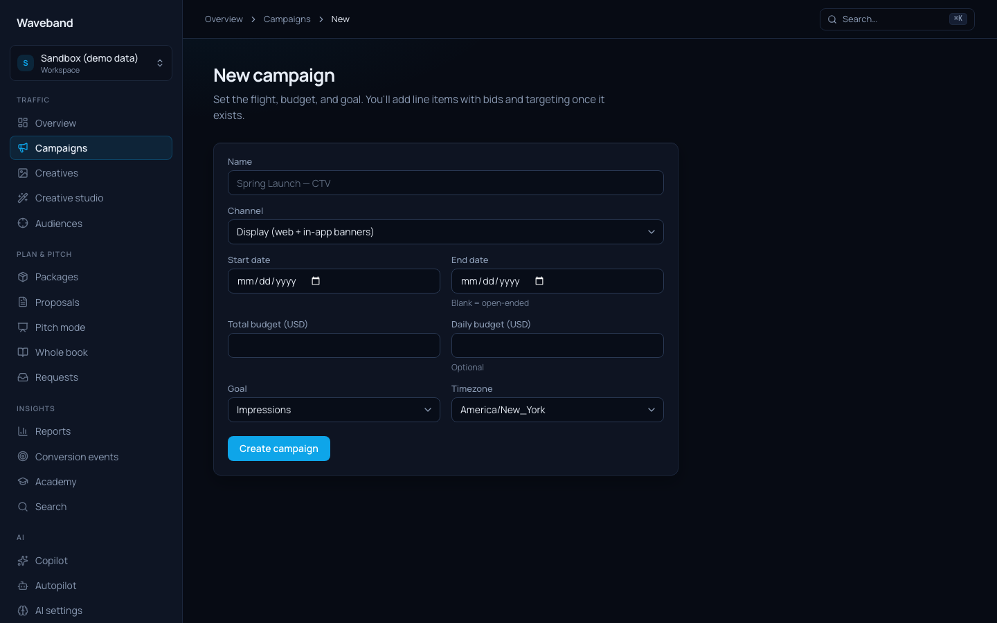 New campaign form with channel and budget fields