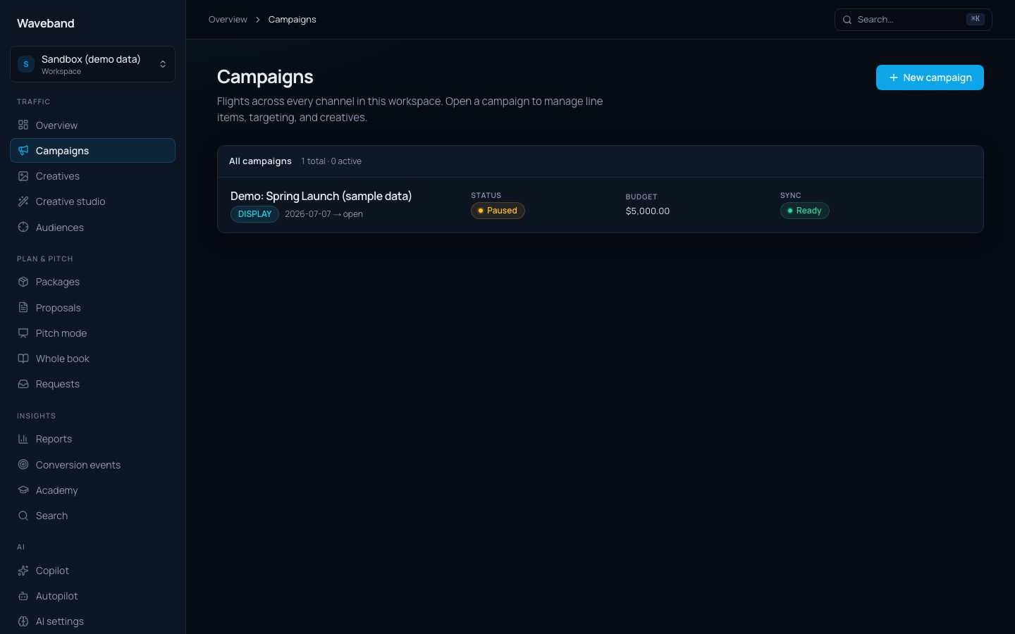 Campaign list with status and sync badges
