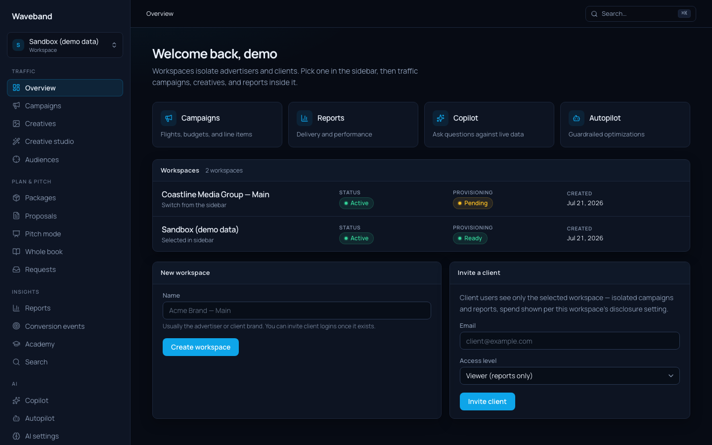 Console overview listing workspaces with status badges
