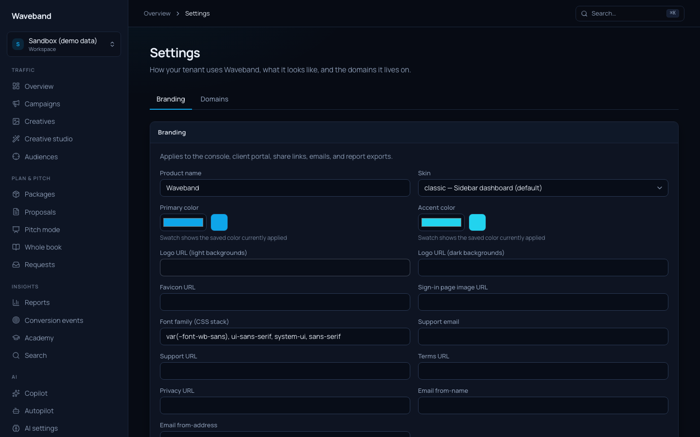 Tenant settings with branding controls