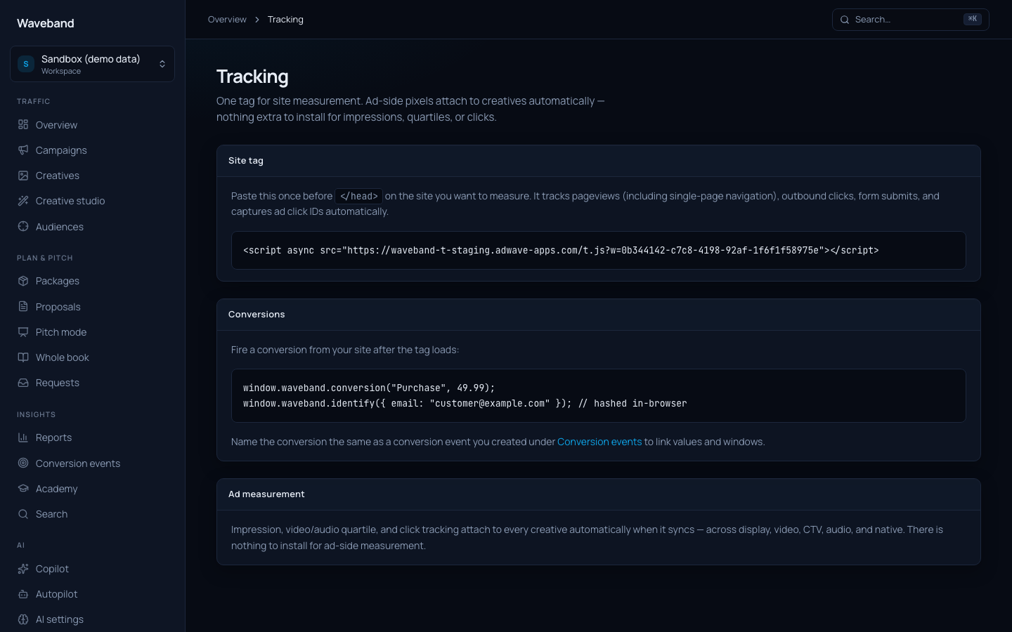 Tracking page with the site tag and pixel snippets