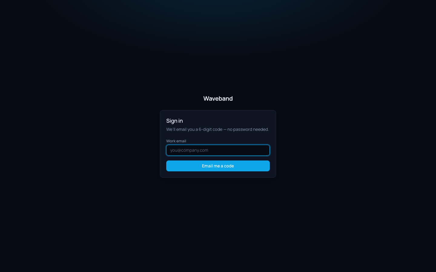 Waveband sign-in screen with work email field